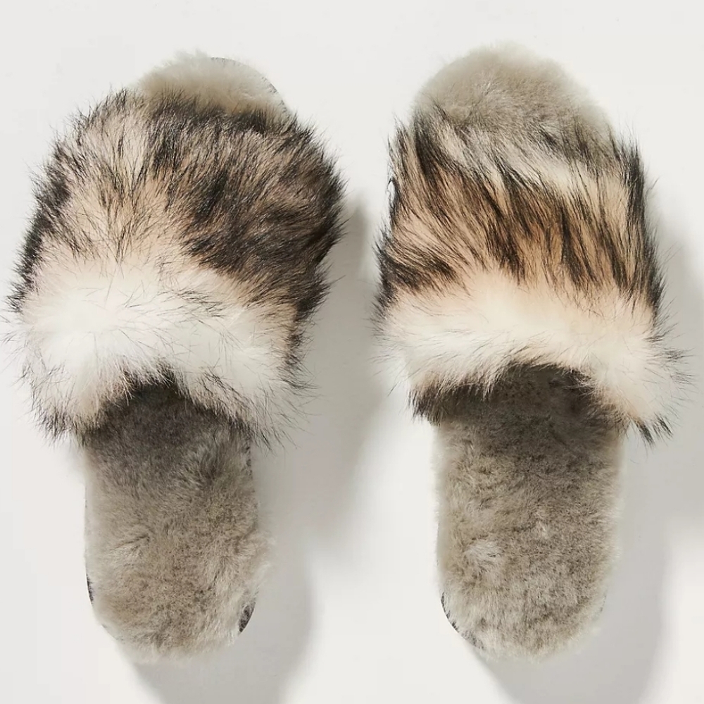 Anthropologie Faux Fur Slippers in Gray and Brown by Emu